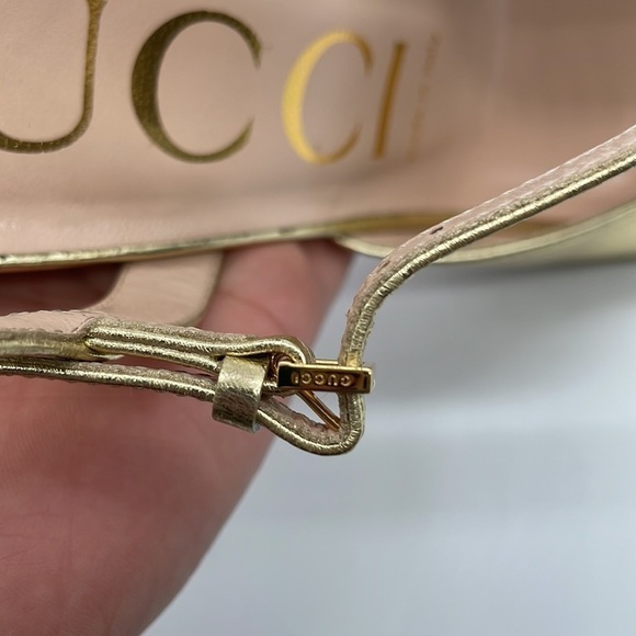 Gucci Gold Metallic Leather Chain link square toe strapy heels 37.5 - Picture 12 of 12